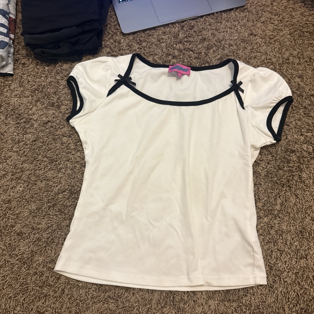 Edikted White Cap Sleeve Blouse with Black Embellishments